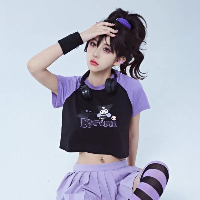 Kawaii Sweet Girl Style Kuromi Print Short T-shirt