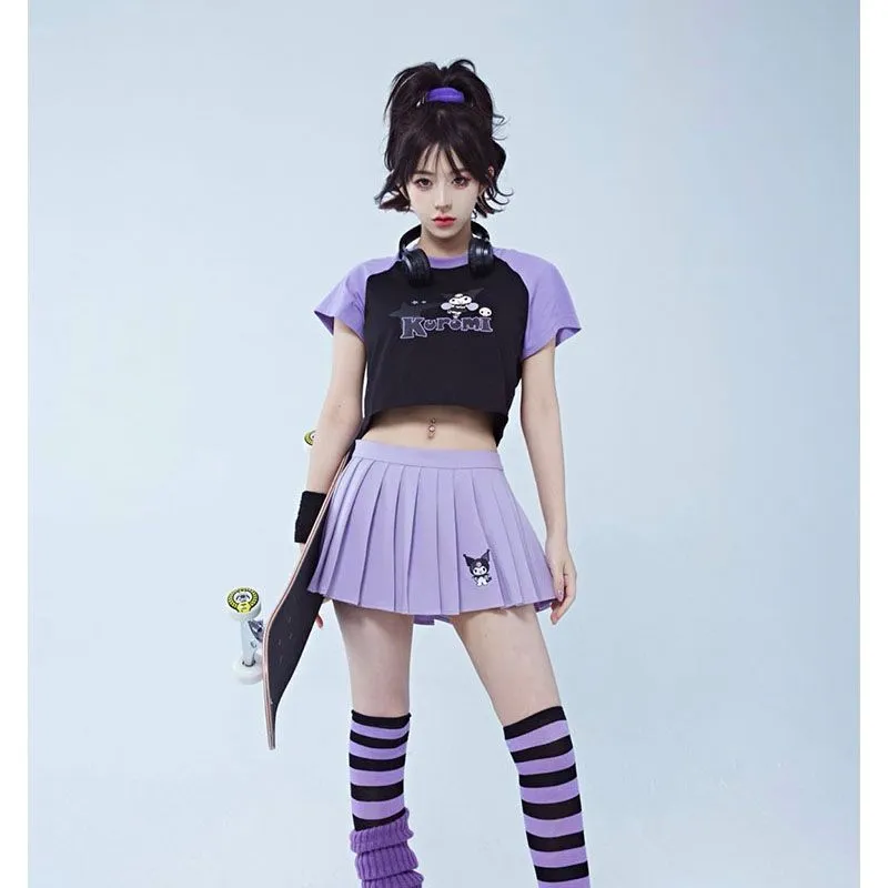 Kawaii Sweet Girl Style Kuromi Print Short T-shirt
