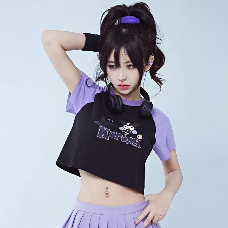 Kawaii Sweet Girl Style Kuromi Print Short T-shirt