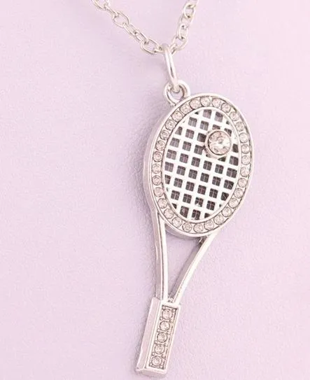 N487 Silver Rhinestone Tennis Racket Necklace with FREE Earrings