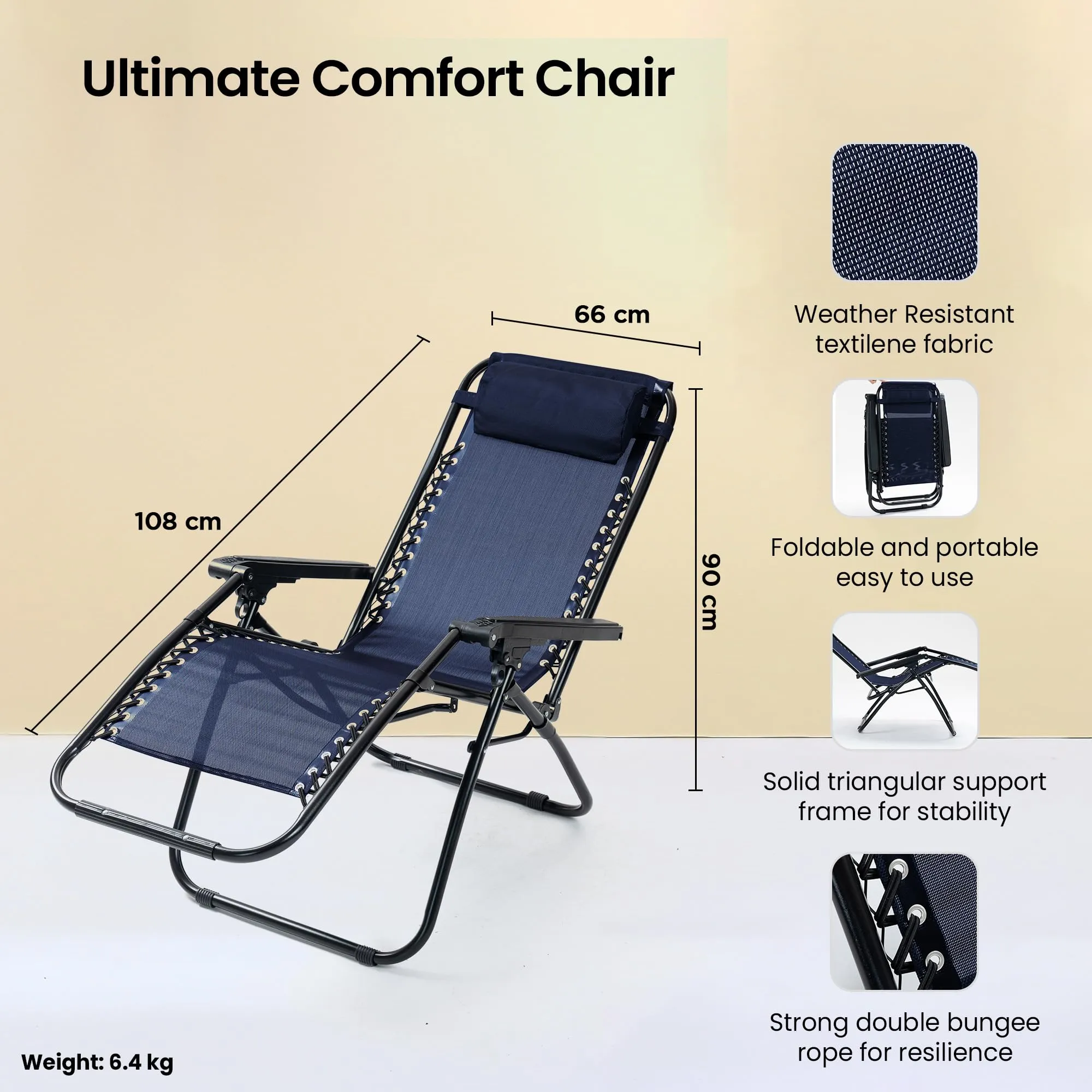 SAVYA HOME Folding Chair for Home-90X66X108CM/Recliner Chair/Camping Chair/Foldable Chairs for Home/Garden Chair/with Detachable Pillow/Lightweight Portable Chair/Weather-Resistant Textilene Fabric