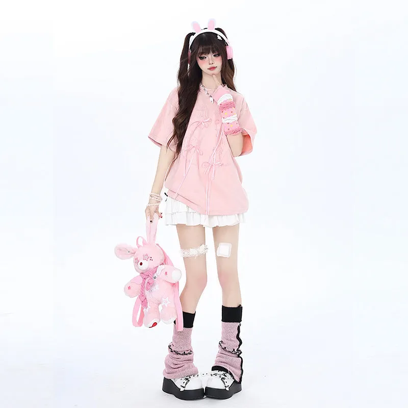 Summer Sweet Girly Style Pink Bow Suede T-shirt