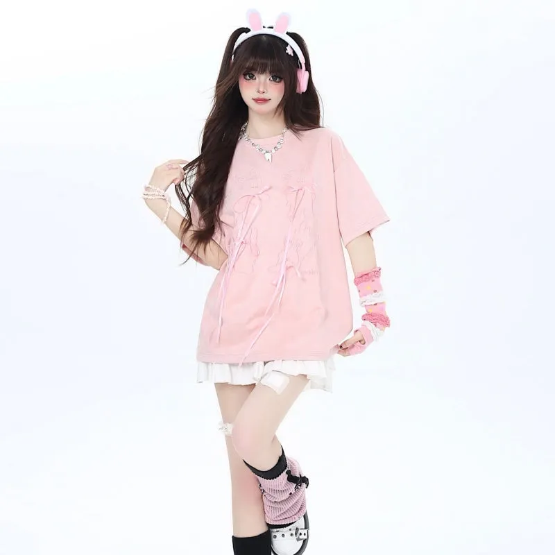 Summer Sweet Girly Style Pink Bow Suede T-shirt