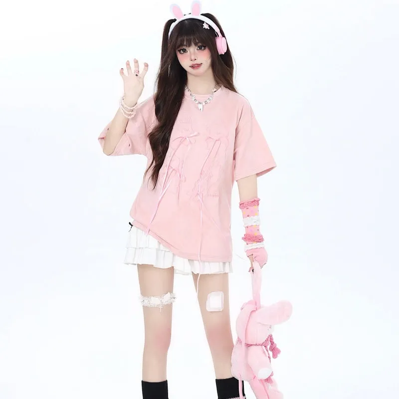 Summer Sweet Girly Style Pink Bow Suede T-shirt